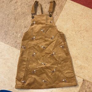 Brown Corduroy Pinafore Dress with Floral Embroidery